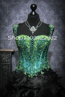 Emerald Green Black Gothic Wedding Dresses Corset Boning Bustle Bridal Gown Steampunk Ruched Organza Vestido matrimonio