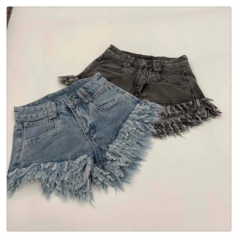 Raw Edge Fringe Gothic Style Denim Shorts Female Summer American Street High Waist Design Sense Casual A Word Super Short