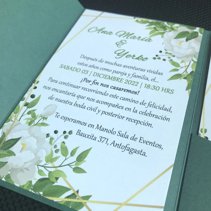 Dark Green Tri Fold Pocket Wedding Invitation Card, Customized Print, Engagement, XV, Birthday, Baptism, IC160, 50 Sets