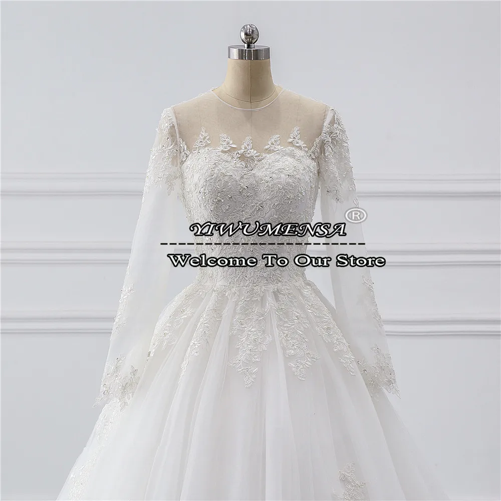 Vestidos de casamento princesa moderna para o casamento das mulheres mangas compridas o pescoço apliques marfim noiva formal a linha vestidos feitos sob encomenda novo