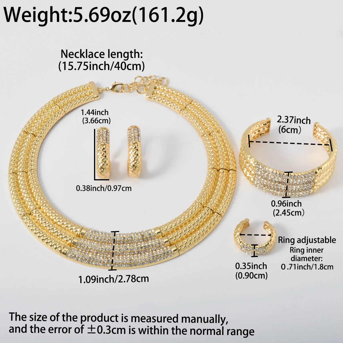 Luxury 18k Gold-plated Wedding Jewelry Set Round Necklace Bracelet Earrings Ring 4 Pcs Set Women Bridal Elegant Classic  Jewelry