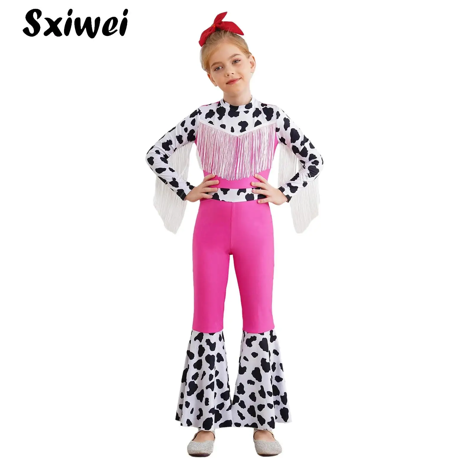 

Halloween Kids Cowboy Cowgirl Costume Long Sleeve Fringe Cow Print Flared Jumpsuit Wild Western Theme party Fancy Dress Up