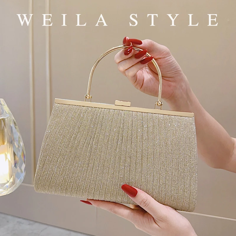 

Sparkly Glitter Evening Bag, Event Clutch Purse, Metal Chain Buckle Handbag, Floral Handle Party Bag