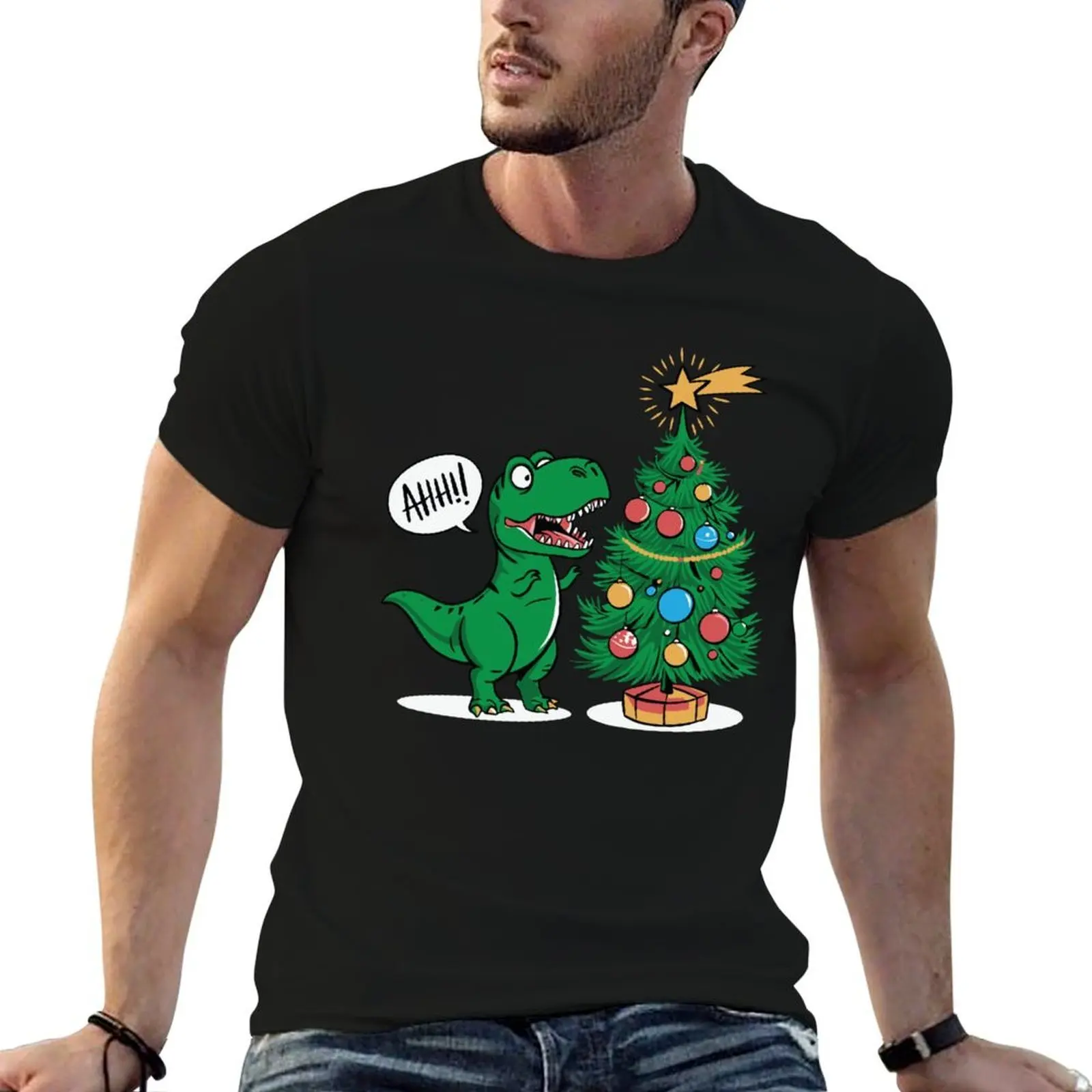 Christmas dino falling comet T-Shirt Simple Solid Color Crew Neck Tee