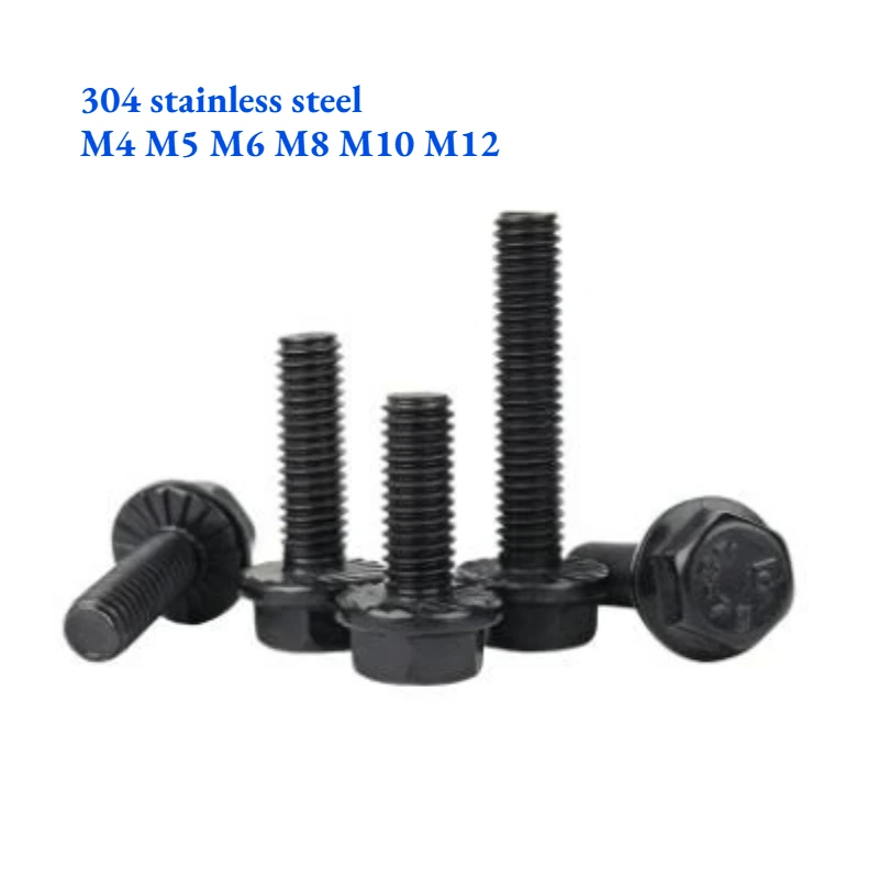 4~40pcs 304 Stainless Steel Black Serrated Flange Hex Bolt External Hex Head Anti Slip Screw with Washer M4 M5 M6 M8 M10 M12