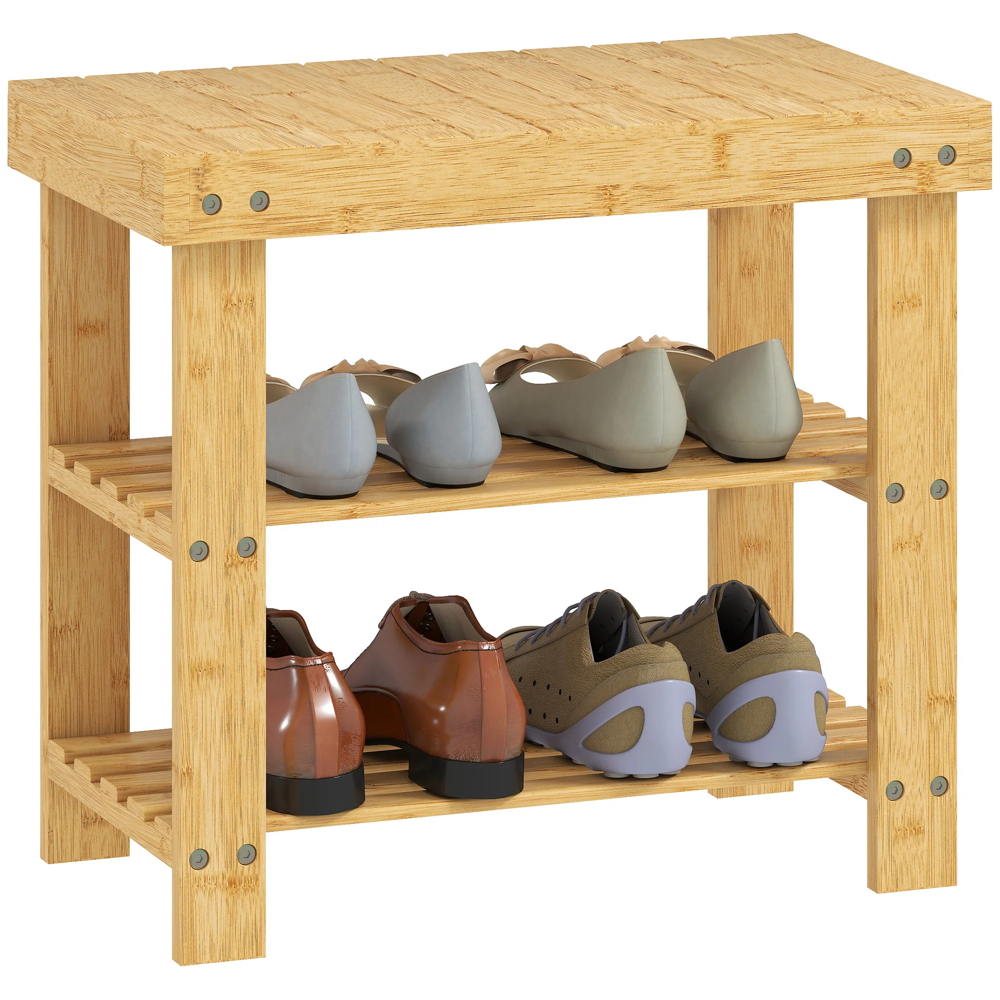 HOMCOM Banco Zapatero de Bambú Zapatero con Asiento Organizador de Zapatos de 3 Niveles para 4 Pares Zapatos para Entrada Salón