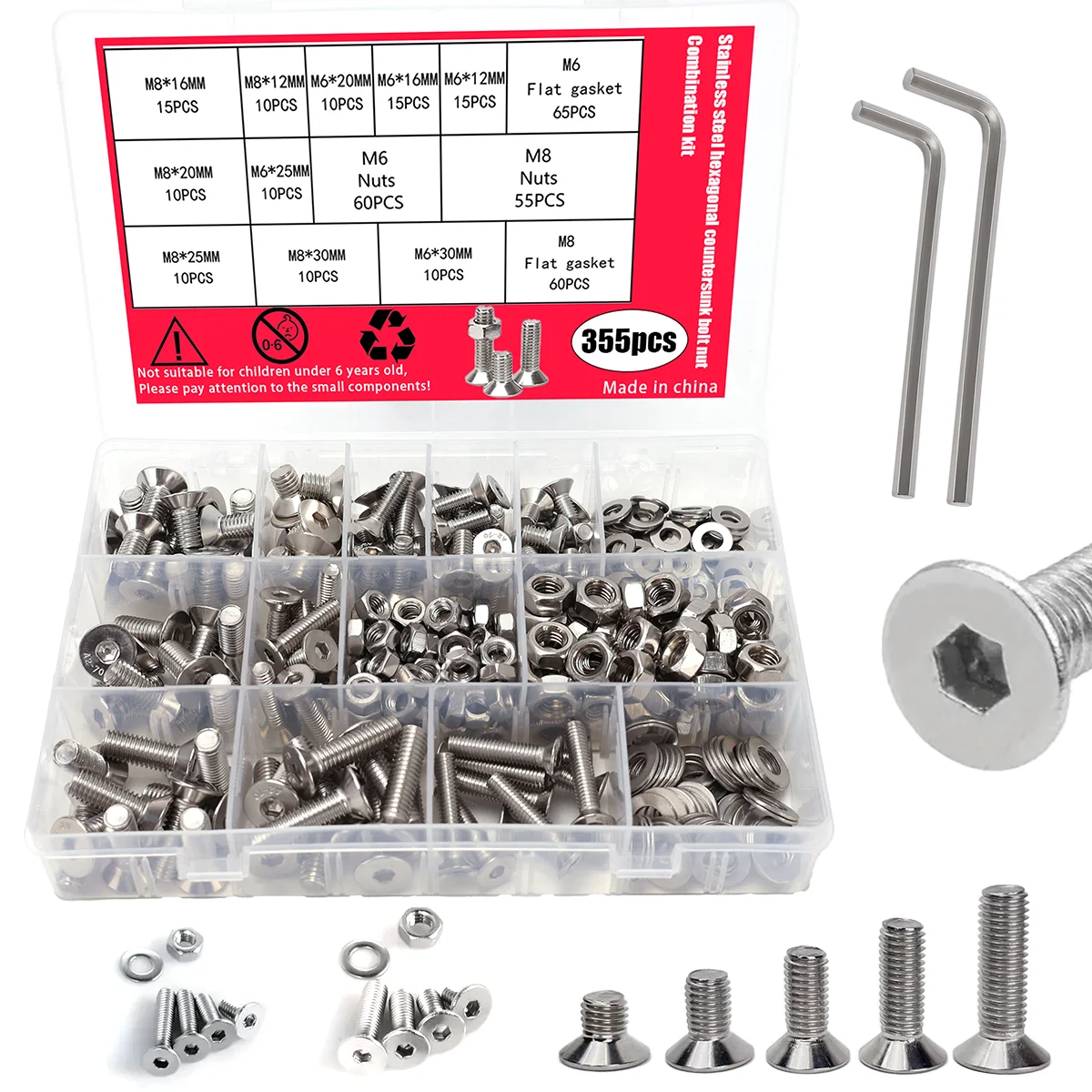 

355 шт. шестигранный болт с плоской головкой из нержавеющей стали, гайка и шайба, болты с потайной головкой M6 и M8, подходят для обработки и отделки.