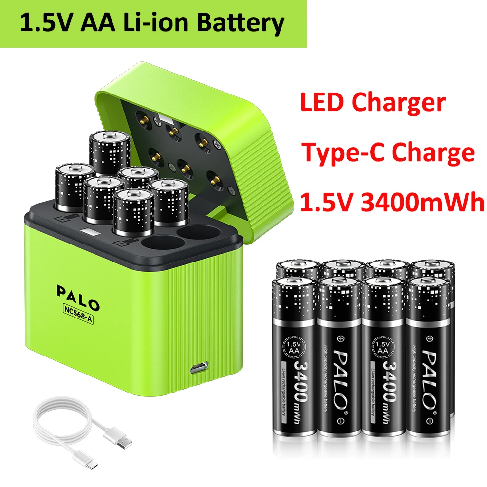 PALO 1,5 V Li-ion AA baterías recargables 3400mWh batería AA de litio con 8 ranuras LED cargador inteligente para juguete eléctrico 1,5 V 2A