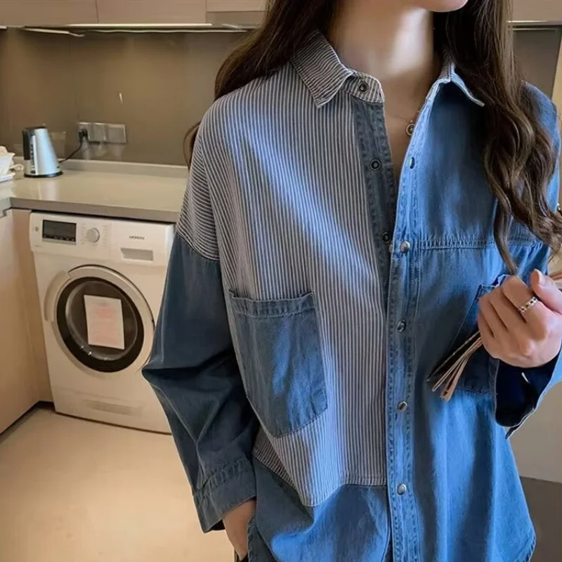 New Fashion Women\'s Denim Shirt Long Sleeve Cotton Loose Blouse Spring Elegant Casual Tops