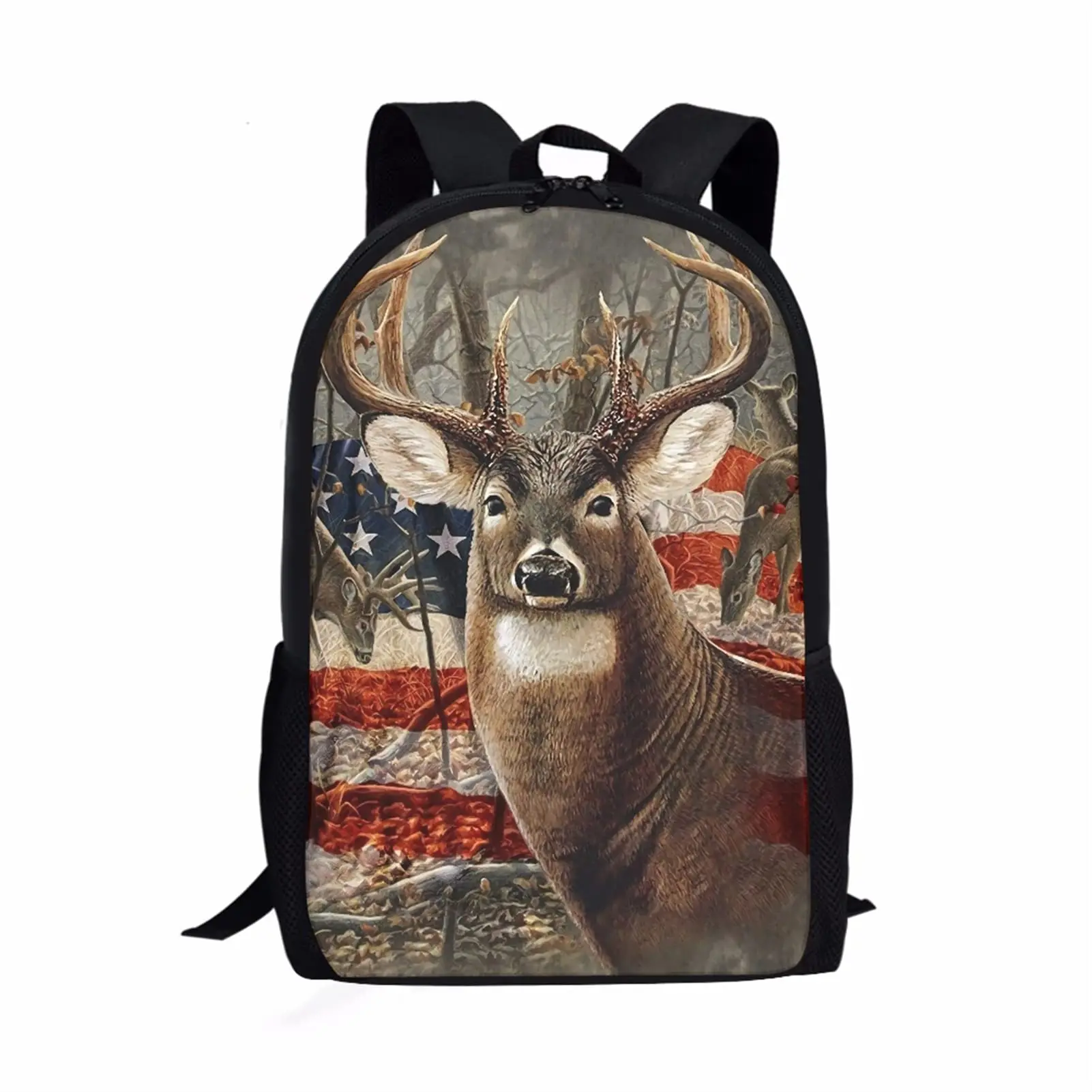 Mochila de hombro de ciervo de caza con bandera americana para niños, mochila multifuncional de grado Casual, Animal, Escuela Primaria