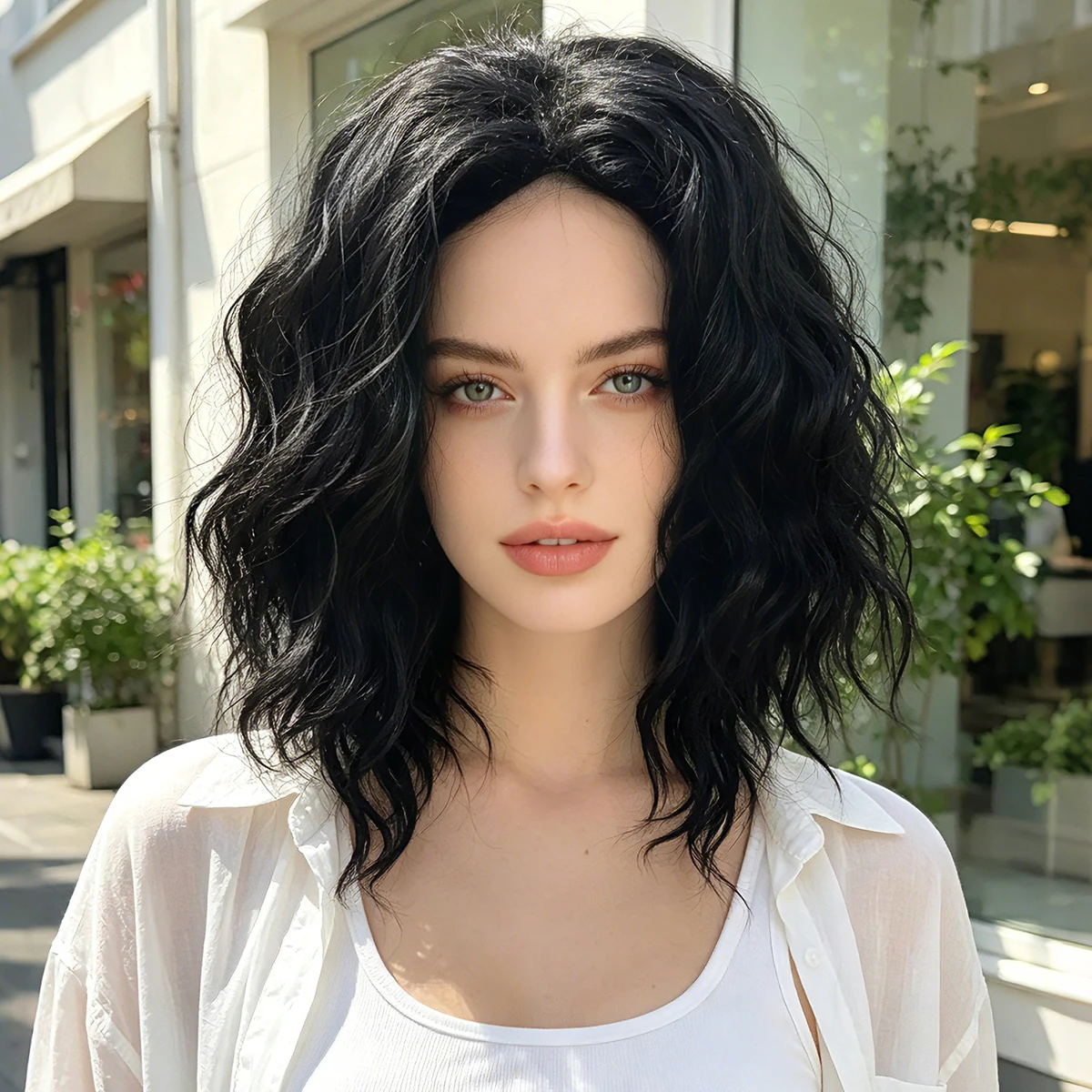 Black Synthetic Short Wavy Bob Mesh Cap Layered Fluffy Cosplay Wig Halloween Party Costume Role Play