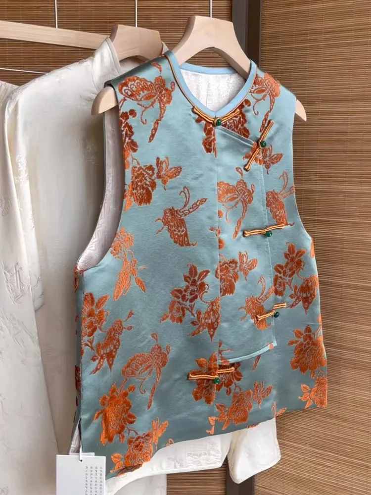 Damska kamizelka w stylu chińskim, nowy trend, mała francuska elegancja, modny top, zapinany na jeden guzik, wzór roślinny.