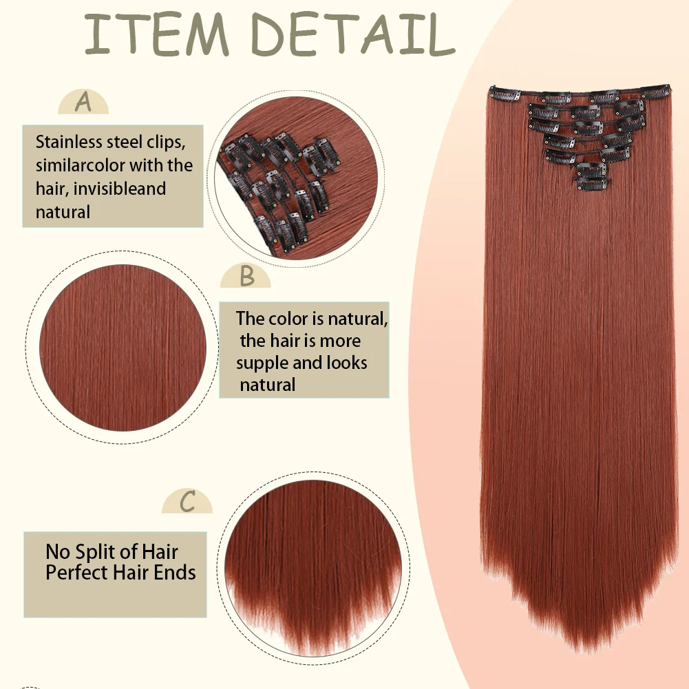 22Inch Long Straight Clip in Hair Extension  Hairstyle 16 Clips 7Pcs/Set   Synthetic  Black Brown Hairpieces  For Wom