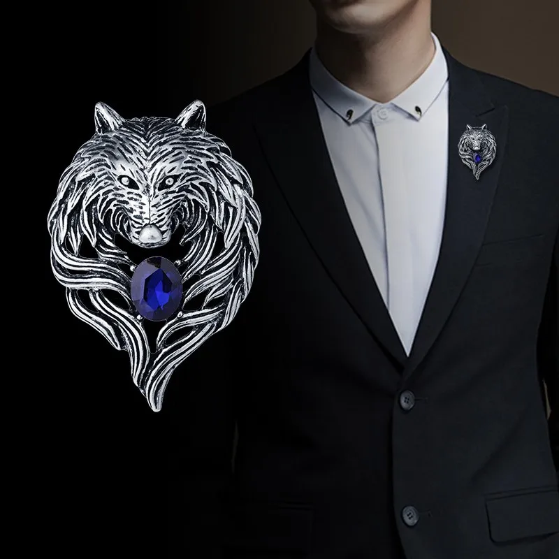 New Vintage Animal Wolf Brooche Rhinestone Collar Pins Badge Brooches Fashion Suit Shirt Clothing Jewelry for Men Accessories