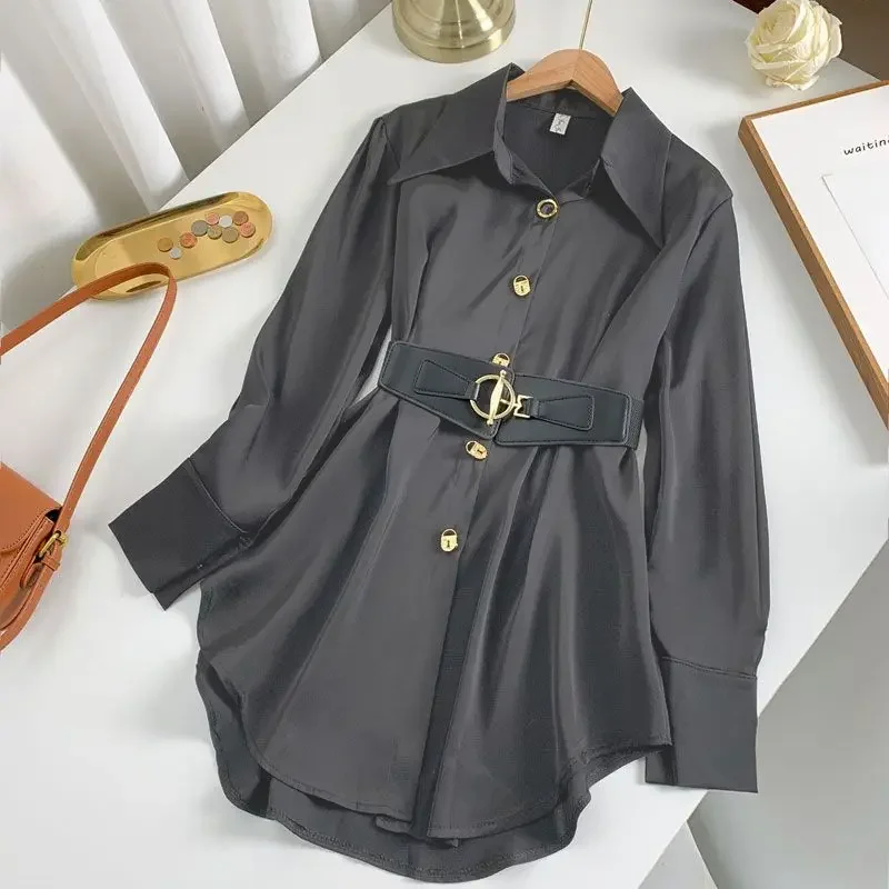 

Office Lady Sashes Waist Midi Shirt Solid Color Spring Single-breasted Female Clothing Korean Lapel Long Sleeve Blouse Z797