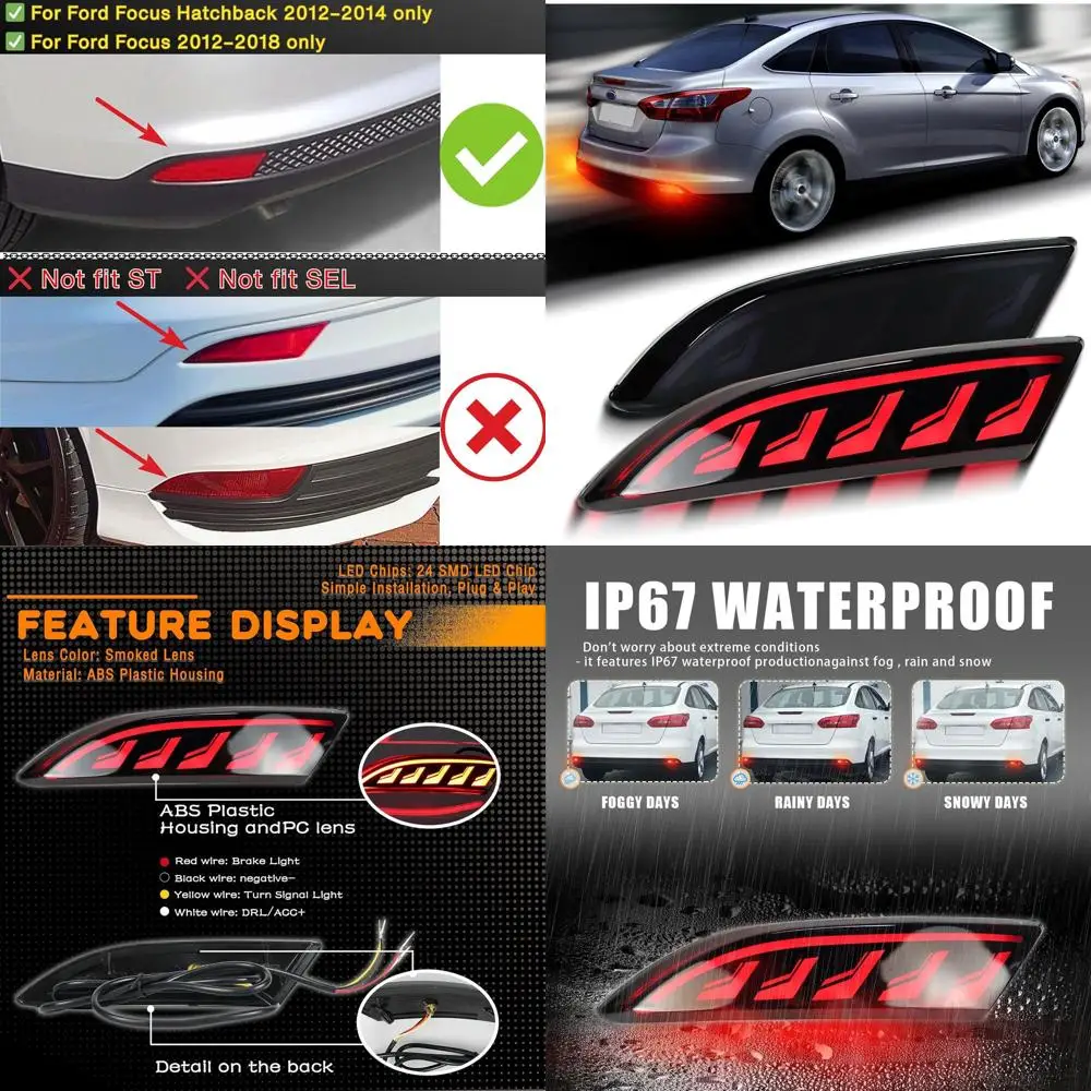 

Ford Focus 2012-2018 Hatchback Rear Bumper Reflector, Fog Light, DRL, Sequential Turn Signal Kit (Not for ST/SEL), LED Tail Lamp