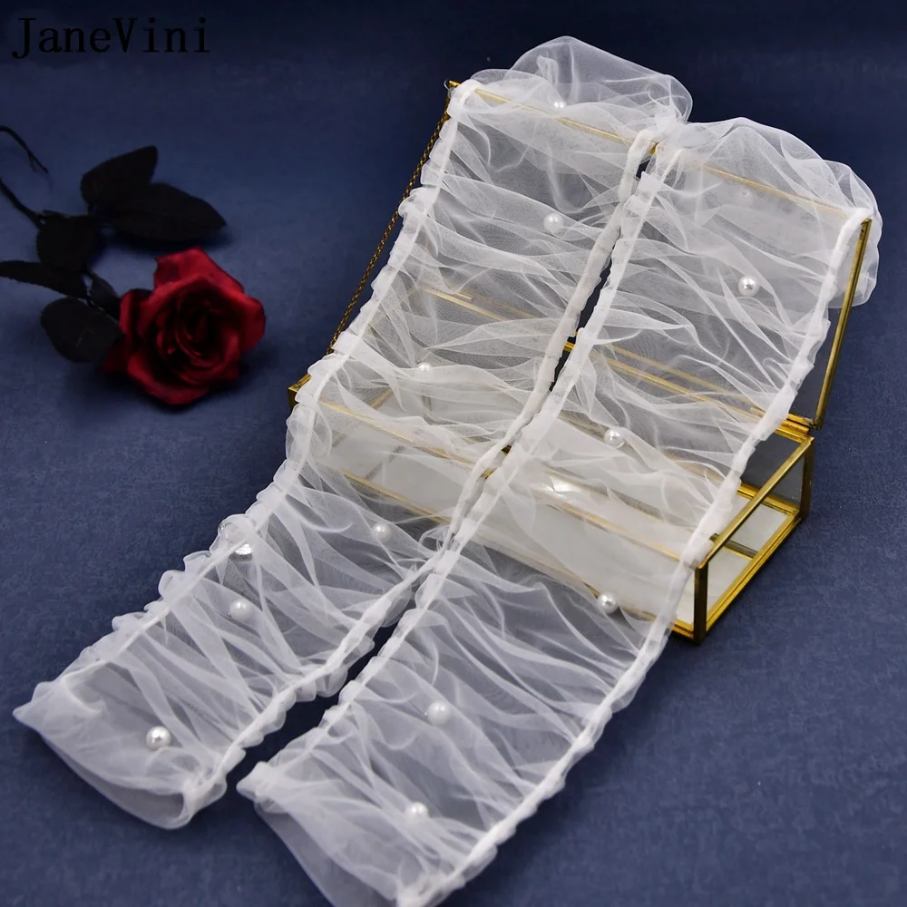 JaneVini-guantes de novia blancos para mujer, guantes transparentes de lujo, Mangas de boda de perlas, Mangas de brazo de tul plisadas desmontables, marfil y negro