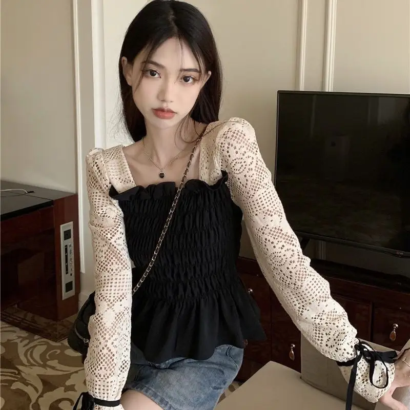 Blouses for Women Square Collar Graceful French Style Female Retro Lace Hollow Out Design Chic Spliced Aesthetic Clothing Spring