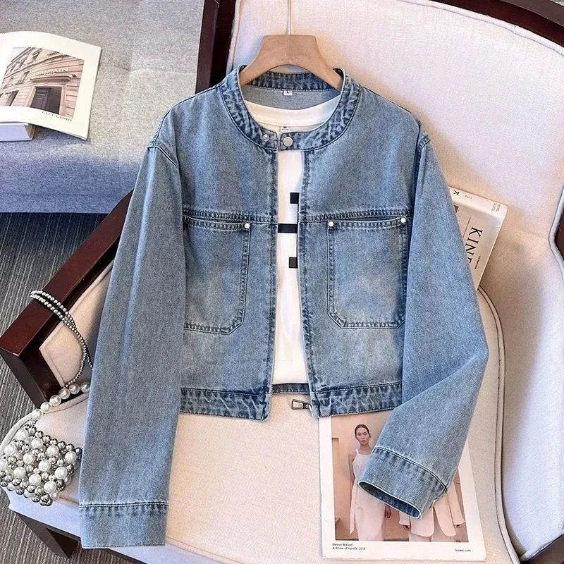 Round neck Denim Jacket For women Spring Autumn 2026 New Slim Short Cardigan Thin Jackets Female Motorcycle Zipper Outwear top