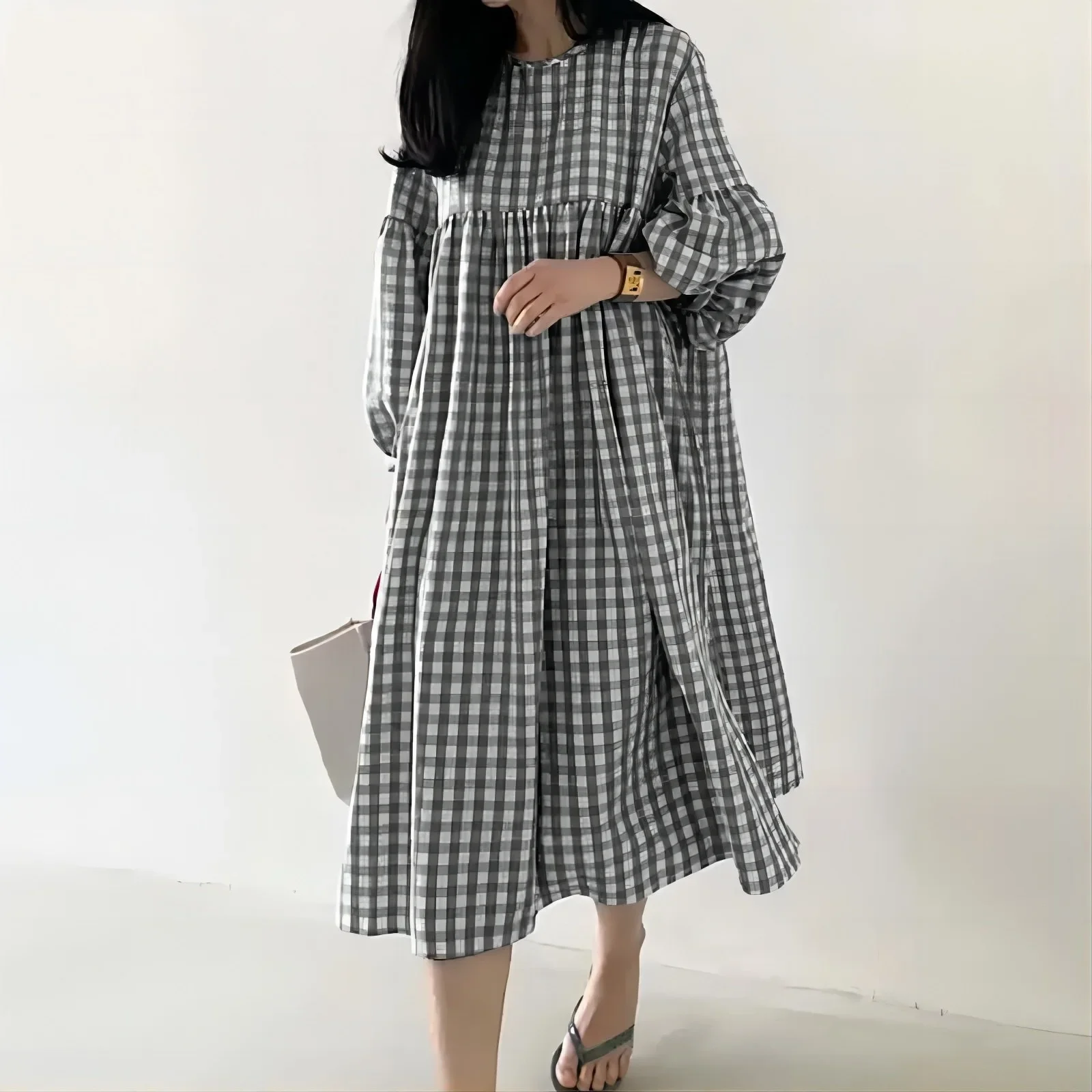 

Cotton Plaid Muslim Dress Lady Long Robe Casual Bubble Sleeve Round Neck Loose Maxi Dresses for Wemen Autumn Hoilday Travelwear