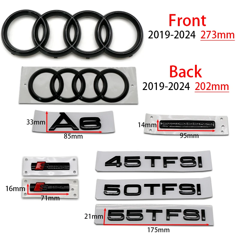 Audi 4-Ring Logo Glänzend Schwarz A6 2019-2024 Auto Motorhaube Vorderes Emblem Heckklappe Emblem 202mm Modifizierter Aufkleber Quattro Sline 45TFSI