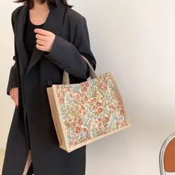 Women Flower Pattern Flax Tote Bag Larger Capacity Outdoor Handbag Casual Lunch Bag Mummy Bag