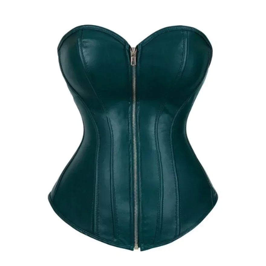 Classic Faux Leather Overbust Corset Top with Zip Women Gothic Steampunk Waist Trainer Bustier Vintage Corselet Sexy Clubwear