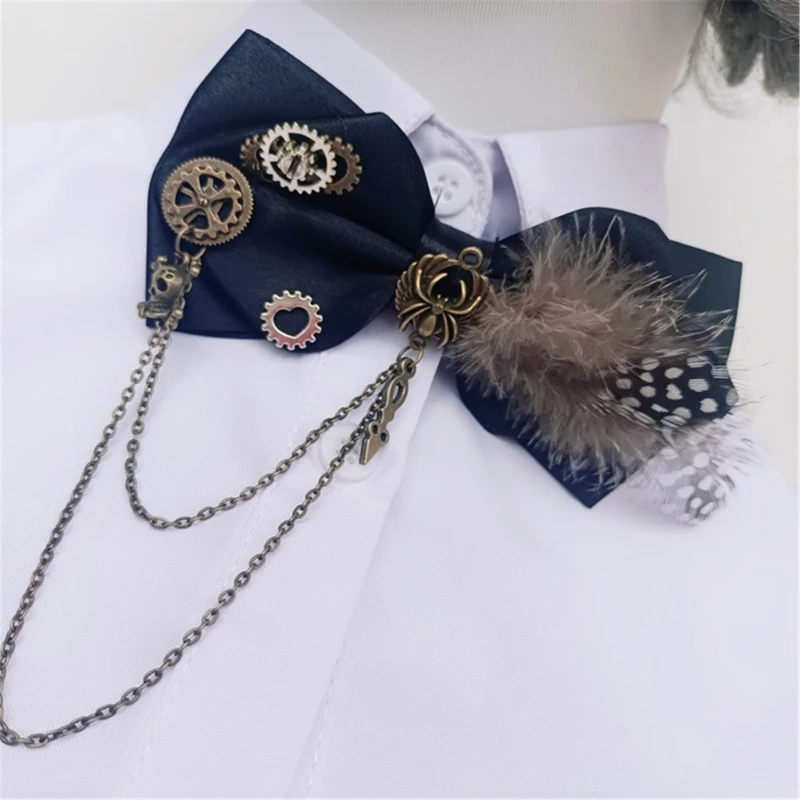 Steampunk Gears Bowtie Retro Men Women Gothic Bow Tie Necktie with Metal Chain Necktie Vintage Neckwear