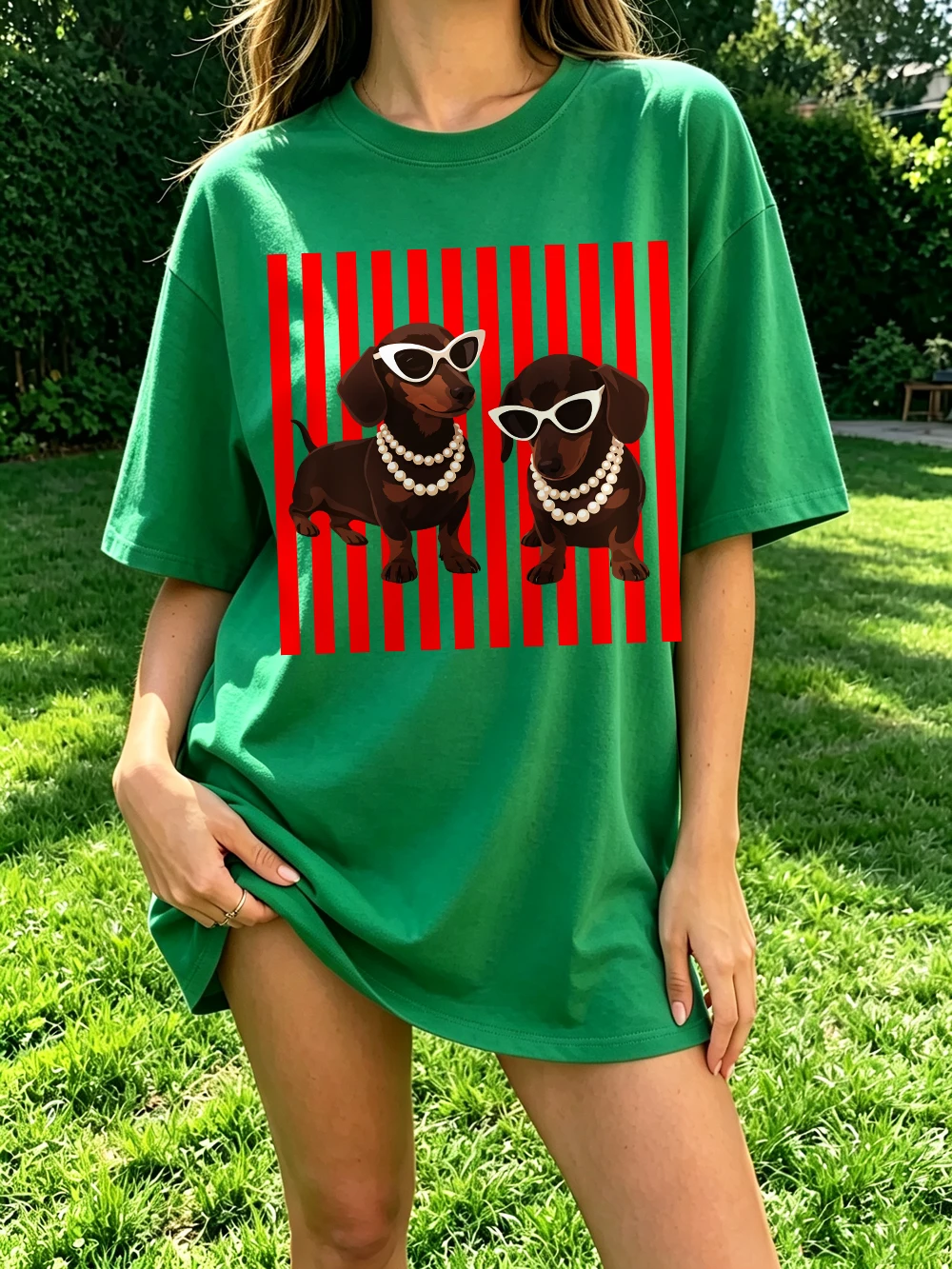 Pearl Dachshund Hundemotiv T-Shirts Baumwolle Damen Sommer Kurzarm T-Shirt Lässige Weiche Oversized Tops Basic O-Ausschnitt Kleidung – Detail 25