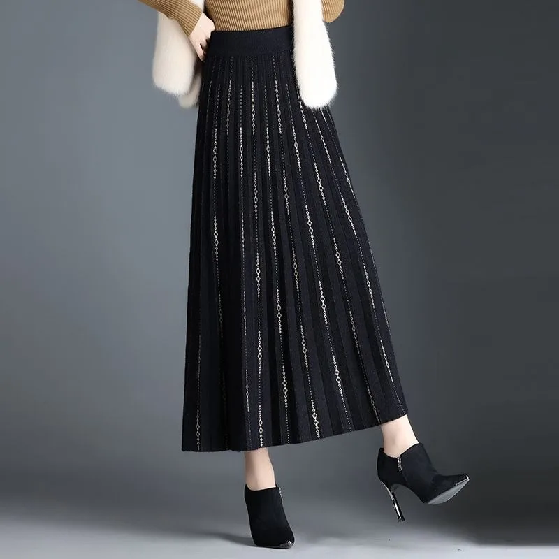 Women High Waist Knit Midi Skirt Vertical Chain Pattern Pleated A Line Swing Long Skirt