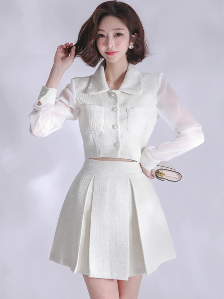 Spring Autumn Tweed 2 Piece Outfits Suits Women Sexy Short Cropped Tops Coat Blazer Suit Pleated High Waist Mini Skirt Mujer Set