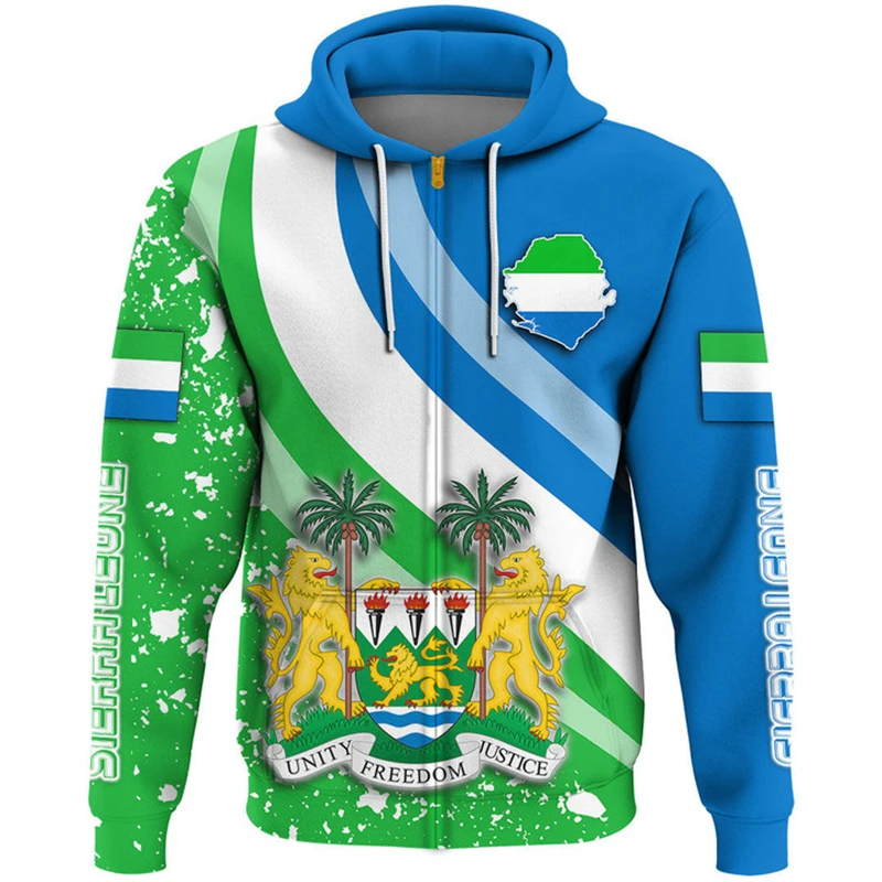 Sierra Leone Flag Map Graphic Sweatshirts SL National Emblem Zip Up Hoodie For Men Clothes Casual Male Hoody Sport Boy Pullovers