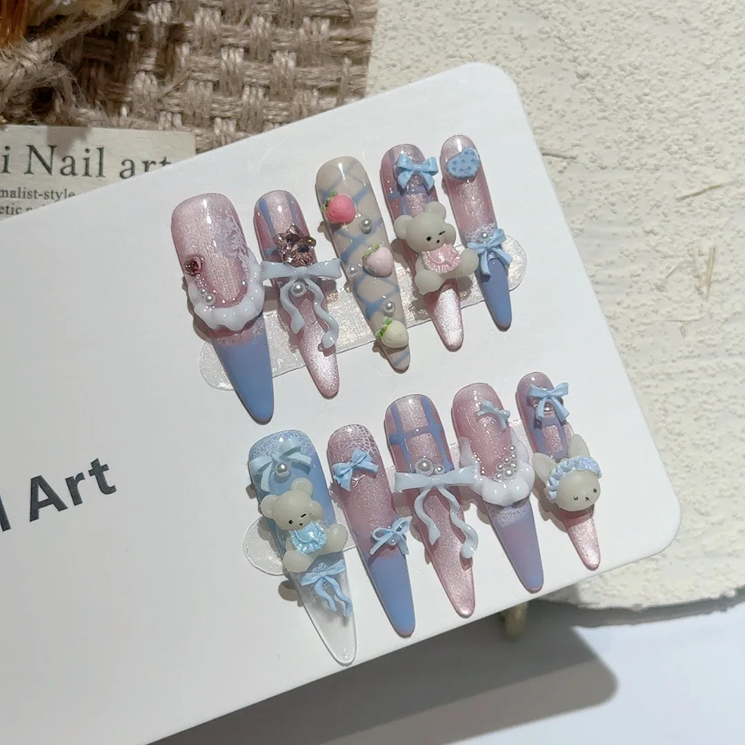 10 pièces à la main longue ovale presse sur ongles avec ours mignon bleu arc conception faux ongles portable filles douces brillant oeil de chat faux ongles