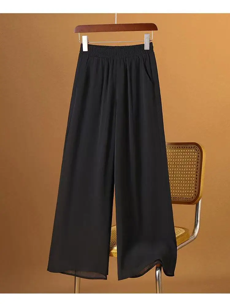 

Широкие брюки, эластичные женские весенние шифоновые брюки с оборками, хипстерские пояса, драпированные гладкие шикарные дышащие струящиеся брюки с разрезом для отдыха