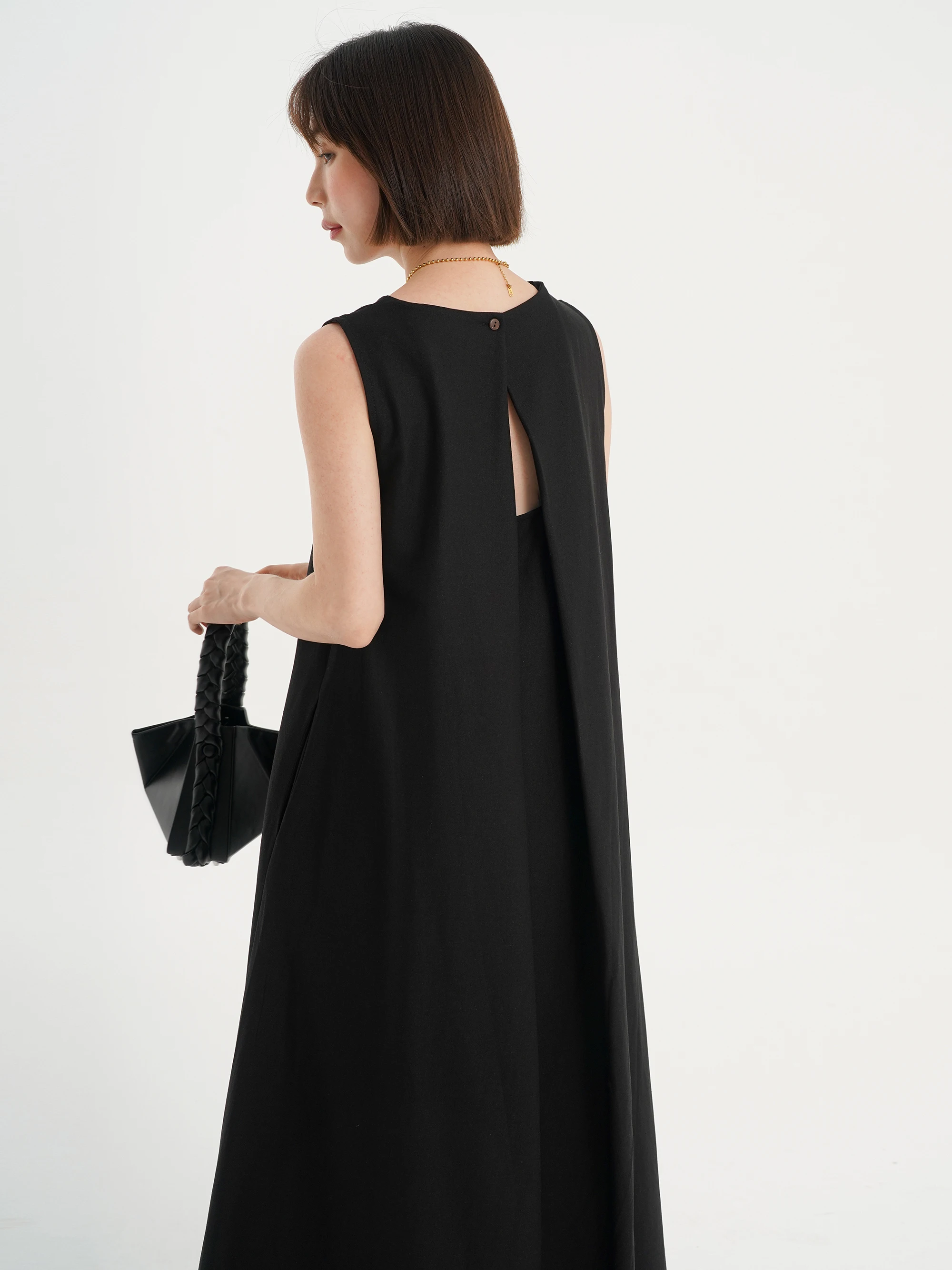 

Summer Design Back Split Lazy Style Loose Slimming Black round Neck Sleeveless Dress Women's Mid-Length A-Line Dress
