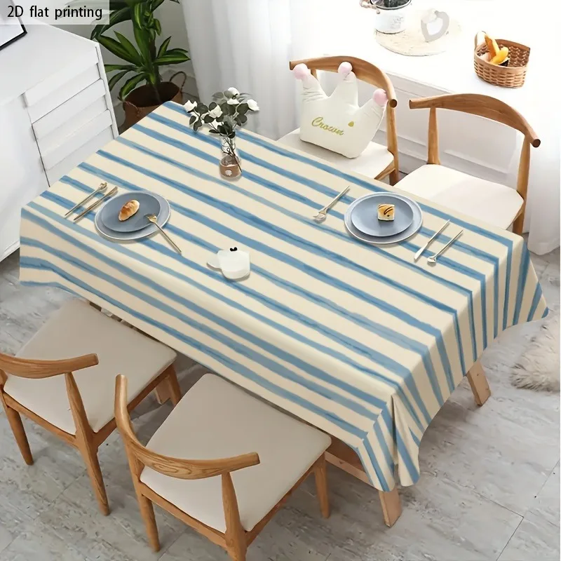 1pc beautiful blue and white striped tablecloth, made of durable polyester, suitable for wedding decoration.