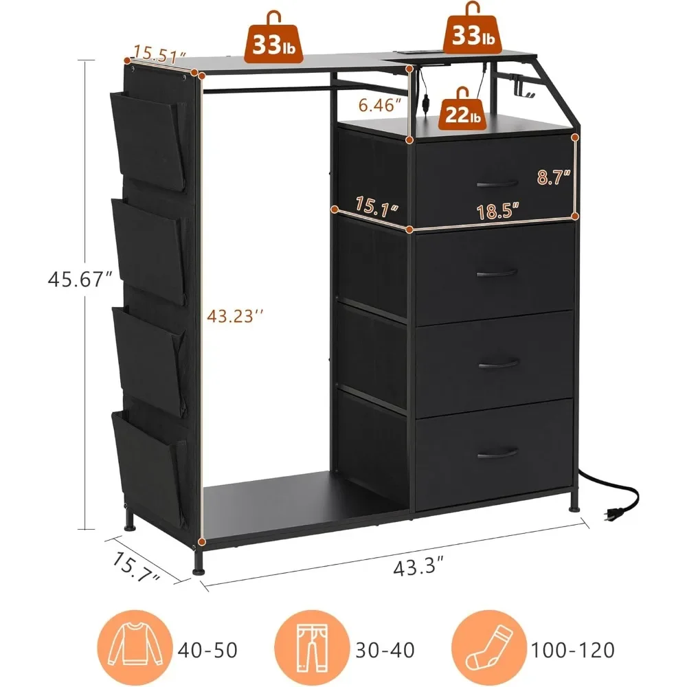 Dresser with Charging Station & LED Lights, 4 Drawers & Clothes Rack, Bedroom Fabric Chest Storage Drawer