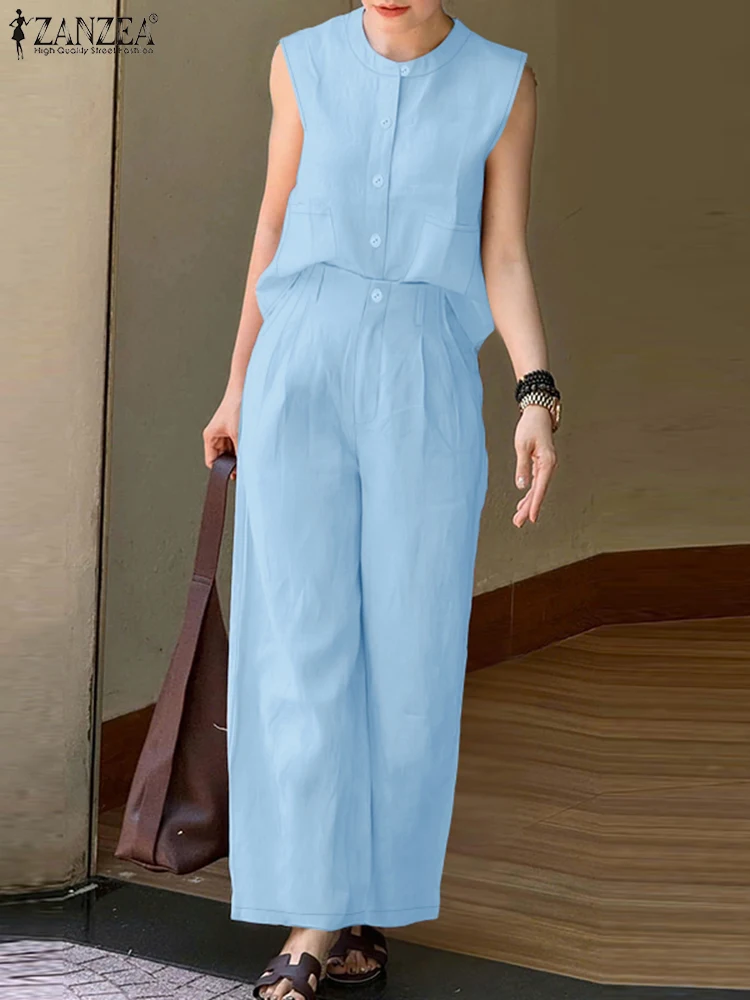 ZANZEA moda mujer conjuntos de dos piezas trajes conjuntos de pantalones de verano sin mangas botón blusa pantalones traje 2025 elegante chándal de trabajo