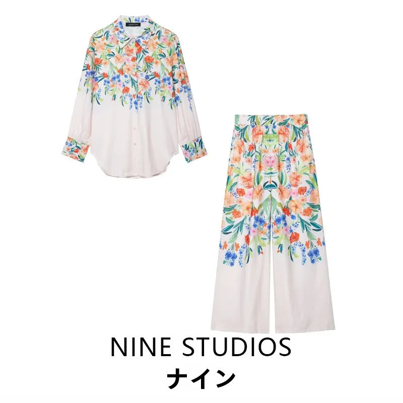 

Loose Cotton Linen Floral Print Women's irt Casual Pants Set Long Sve Collar Button up Two Piece Faion Ensemble