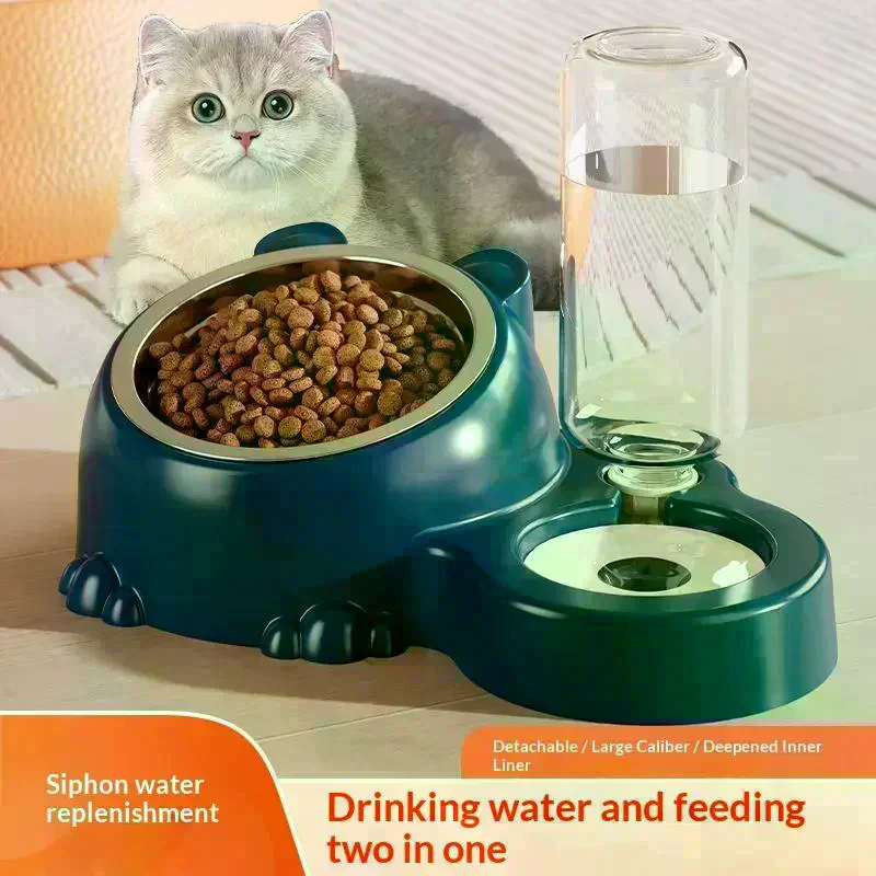 Pet Bowl 2-in-1 Auto Water Feeder, Tilted Elevated Cat Dog Bowl For Food & Water, Anti-Choking Slow Feeder Dish For Pets