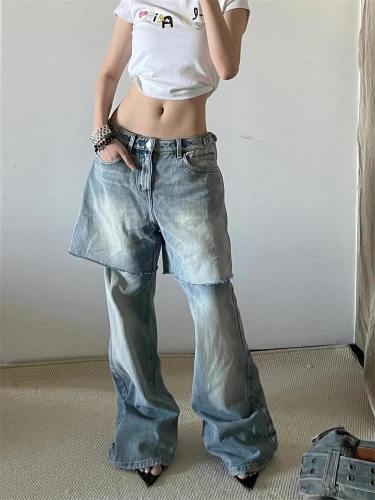 Women's Splicing Detachable Design Design Wide Leg Jeans Cool Girl Fashion Bottoms Loose Denim Trousers Female High Waist Pants