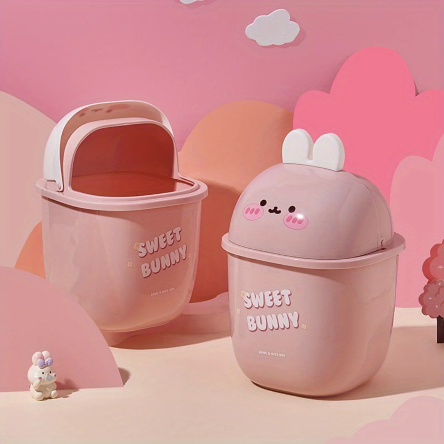 

Adorable Mini Desktop Trash Bin with Rabbit Ear Design - Ideal Small Garbage Can for Countertop Use!