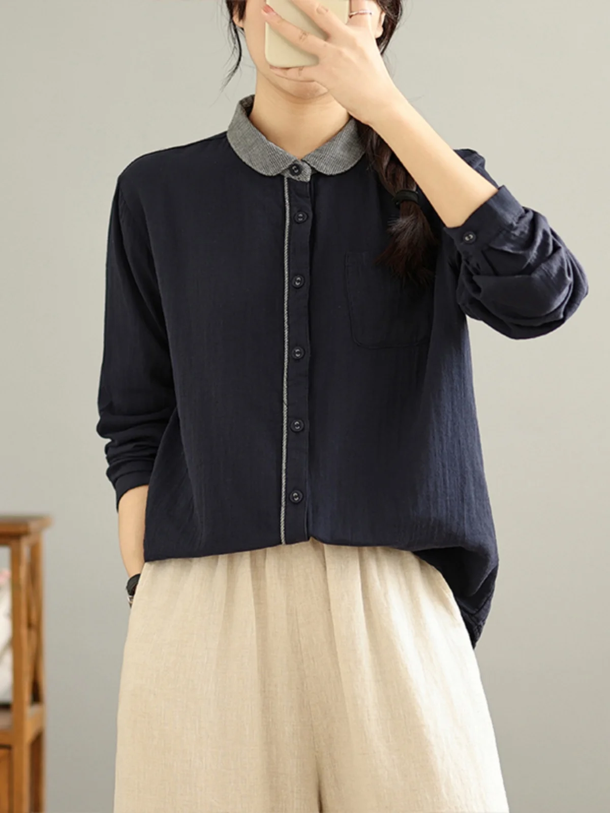 الرجعية اليابانية Sle المرأة القطن irt الخريف الربيع منقوشة نمط طبقات عادية أعلى طوق طويل Sve منتظم صالح #4