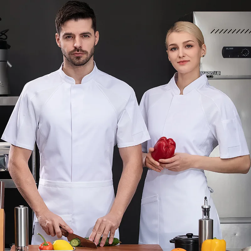 Uniforme de trabajo de cocina para restaurante de Hotel, chaqueta de Chef de manga corta, abrigo de cocina blanco de verano para Chef de pastelería y panadería