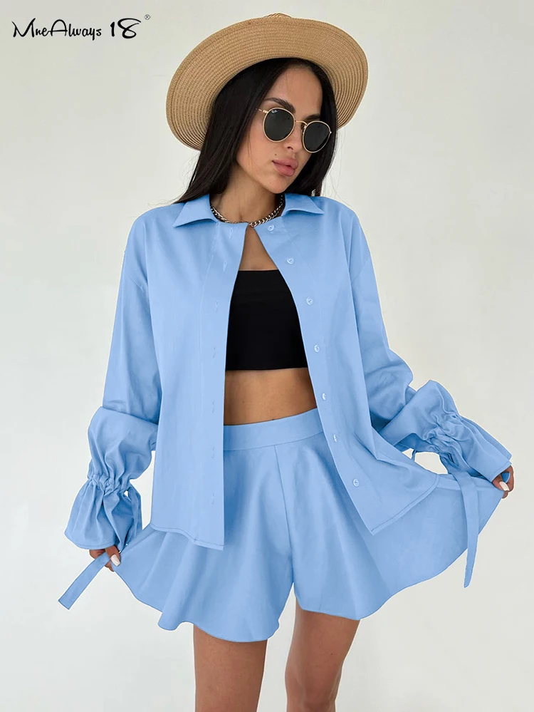 Mnealways18 Elegant Cotton Linen Thin Shorts Suits Women Two Pieces Casual Ruched Lace-Up Shirt Wide Legs Shorts Set Summer 2024