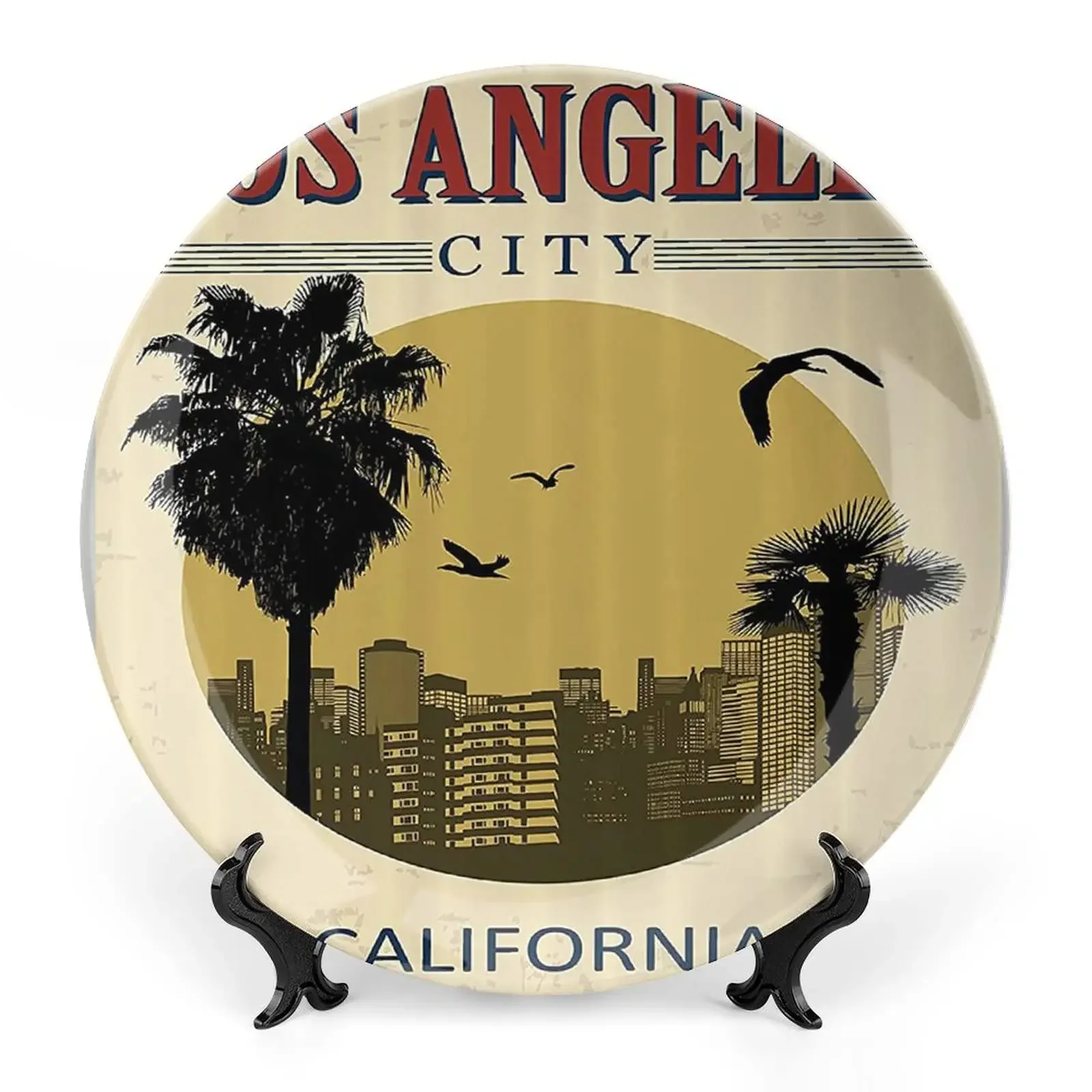 

Decorative Plate, Vintage Ceramic Plate, Los Angeles City from California Birds Vacation Journey Ornament Display Plate Decor