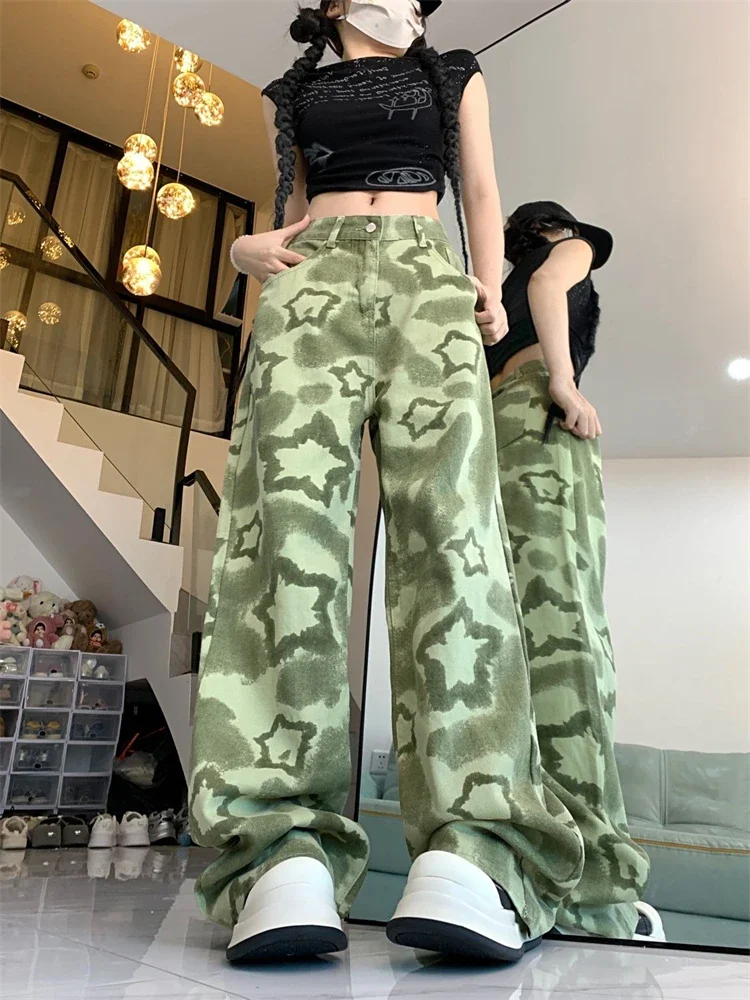 

Women's Green Camouflage Stars Wide Leg Jeans Summer Cool Girl High Waist Bottoms Thin Pants Female Printed Baggy Denim Trousers