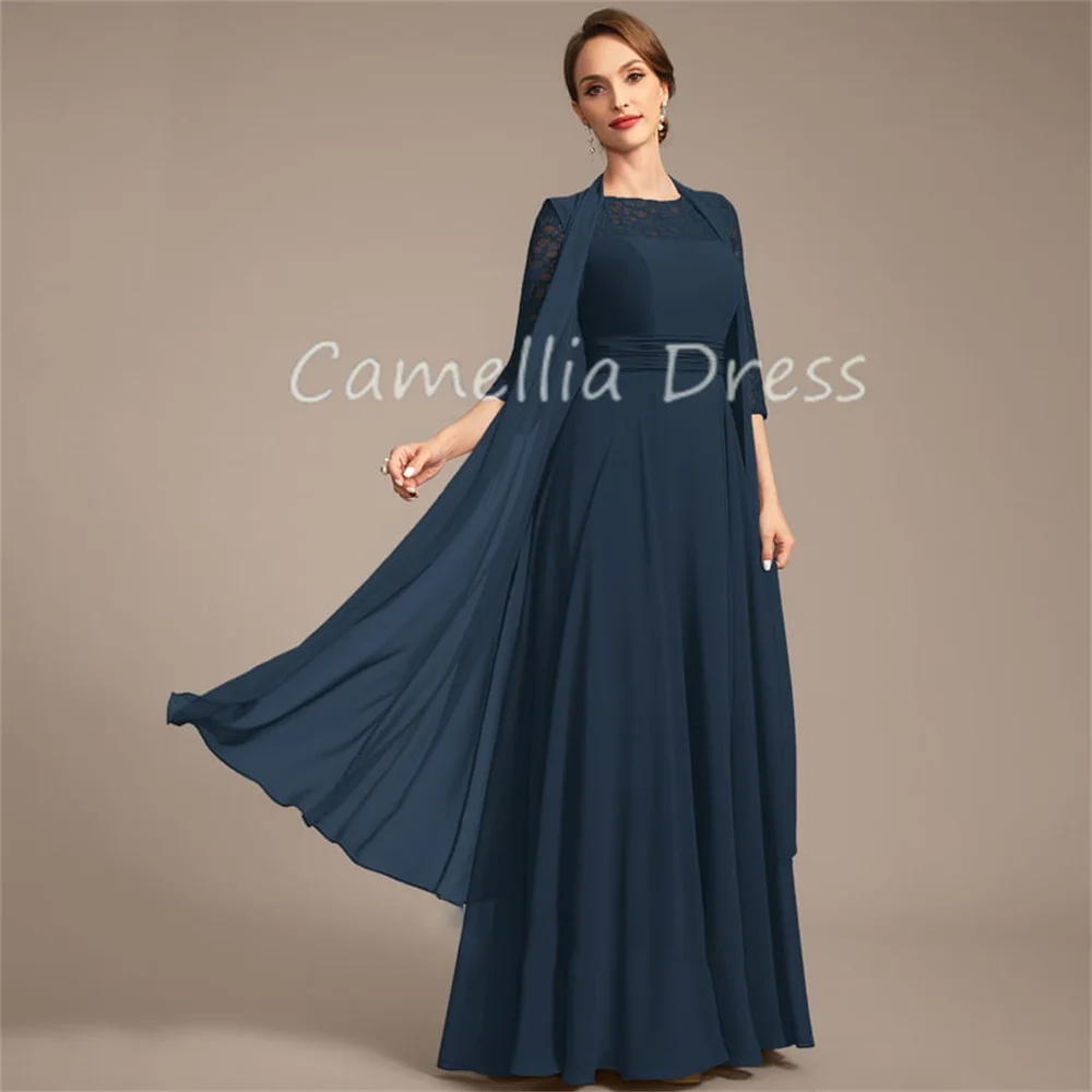 Neue Schaufel Illusion Mutter der Braut Kleid Chiffon Spitze eine Linie mit plissierten Abendkleidern Vestidos Mae da Noiva Casamentos