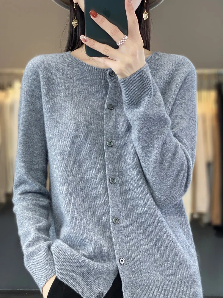 Cardigans en laine mérinos pour femmes, pull en cachemire, tricots à manches longues, col rond, vêtements de base féminins, mode automne et hiver,