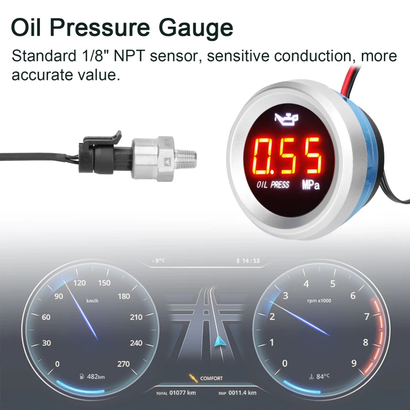 52mm Oil Pressure Gauge Car Digital Meter LED Display 9-35V with 1/8NPT Sensor Alarm Function